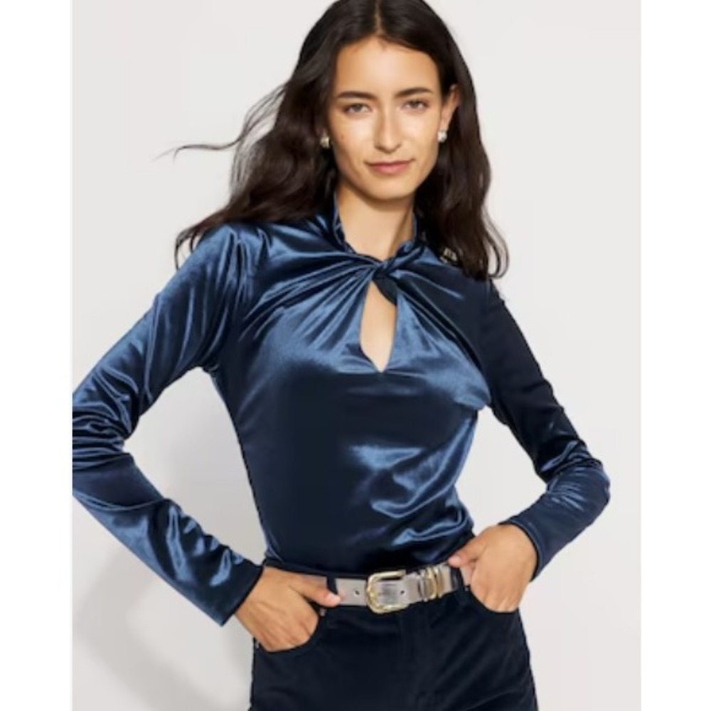 White House Black Market NWT Large Velvet Twist Neck Top Teal Holiday